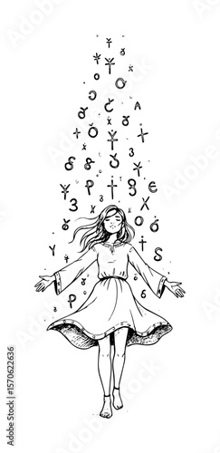 girl floating in a stream of letters and symbols sketch