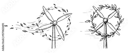 wind turbines with leaves and wind line art