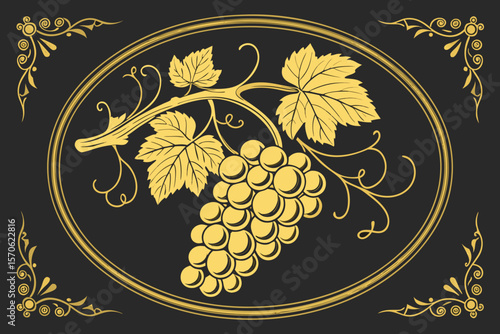 grapes, golden grapes, grape bunch, grape leaves, golden grape bunch, golden grapes with leaves, vine leaves, circular design, black background, gold frame, gold accents, luxurious, ornate, elegant