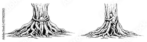 tree roots bound with rope vector sketch illustration