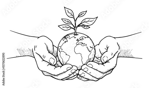 hands holding earth with growing plant sketch save the planet concept