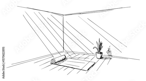 empty room with yoga mat and sunlight sketch meditation space