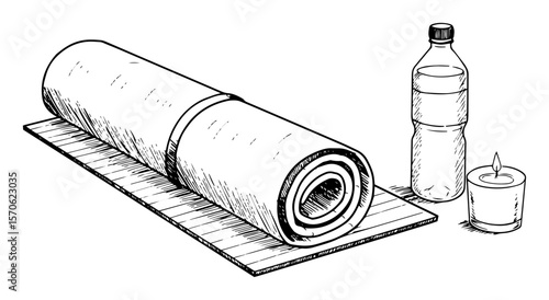 yoga mat water bottle and candle for meditation vector sketch