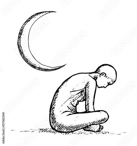 sad lonely person sitting under the moon vector sketch