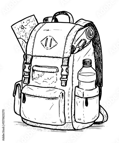 travel backpack with map and water bottle sketch