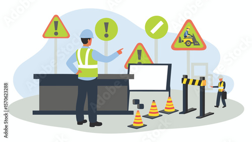 Construction workers near signs and safety cones in a work zone environment illustration