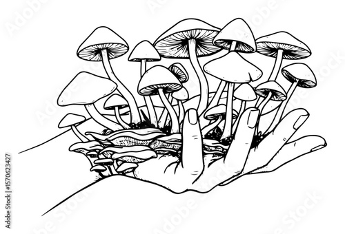 hand holding cluster of mushrooms vector sketch illustration