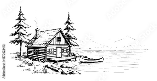 log cabin by lake with canoe vector sketch illustration
