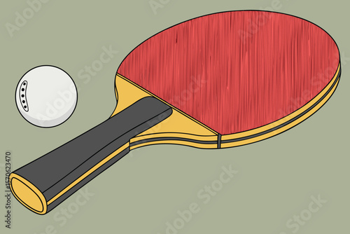 table tennis racket, white table tennis ball, red patterned ping pong paddle, realistic, detailed, high quality