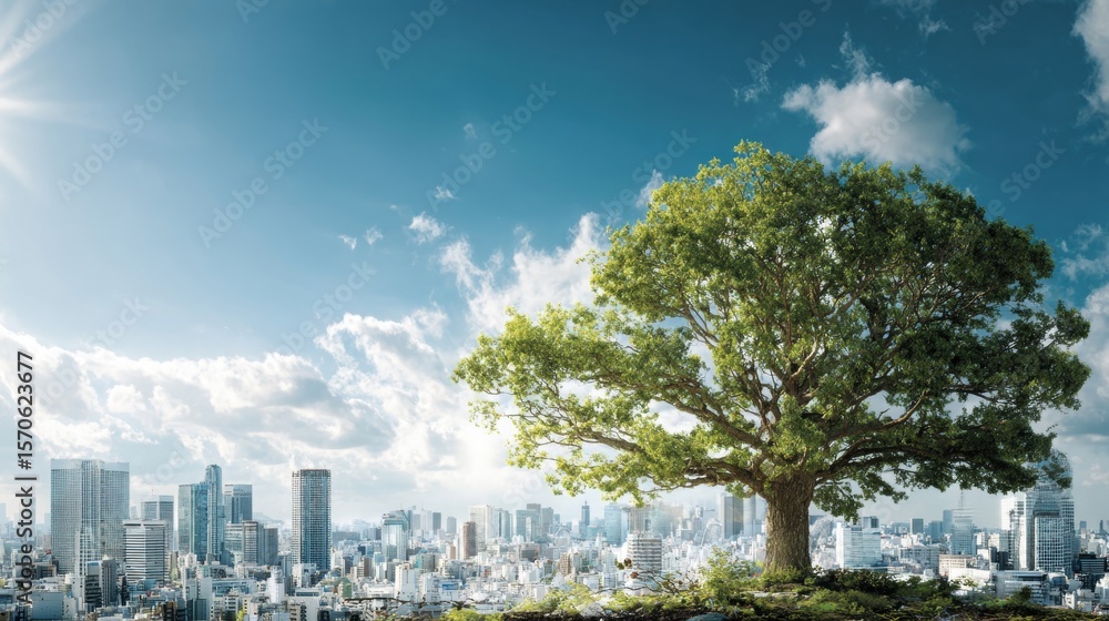 Obraz premium A vibrant tree stands tall against a city skyline, blending nature with urban life under a bright sky.