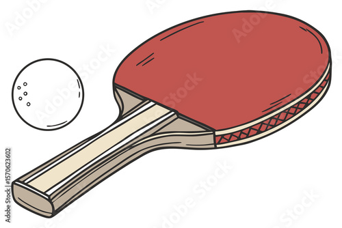 table tennis racket, white table tennis ball, red patterned ping pong paddle, realistic, detailed, high quality