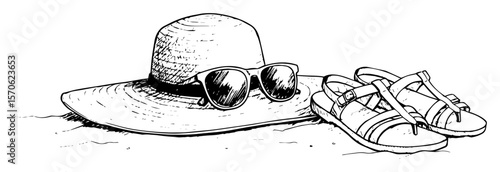 summer beach accessories straw hat sunglasses and sandals sketch