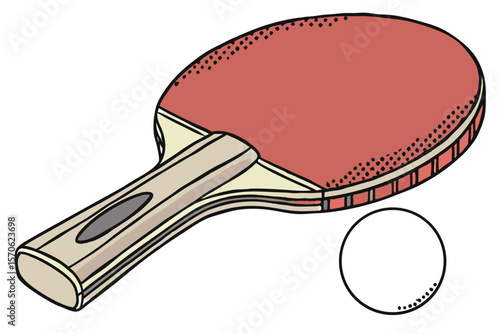 table tennis racket, white table tennis ball, red patterned ping pong paddle, realistic, detailed, high quality