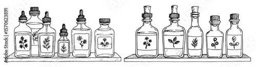 collection of apothecary herbal bottles line art