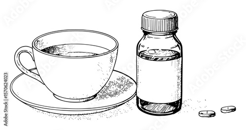 cup of herbal tea with medicine bottle and pills vector sketch illustration