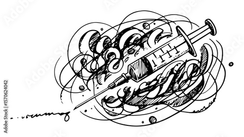 syringe injection in abstract doodle sketch vector art