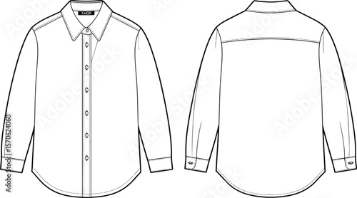 Men’s formal button-up shirt flat sketch with collar and long sleeves, front and back CAD drawing vector fashion template
