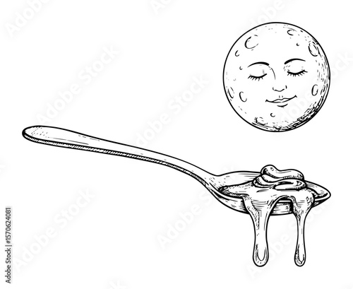 sleeping moon and spoon of honey concept for sweet dreams sketch