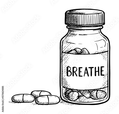 breathe concept pill bottle for stress and anxiety relief sketch