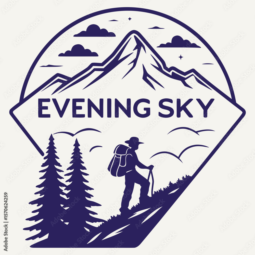 Obraz premium Evening Sky Mountain Hiking Adventure Illustration with Trees and Birds