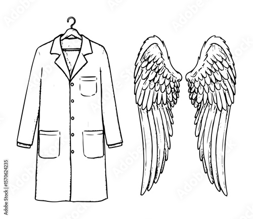 doctor coat and angel wings healthcare hero concept vector sketch