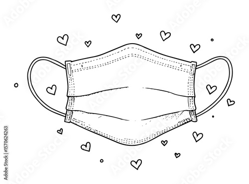 protective medical face mask with love hearts vector sketch