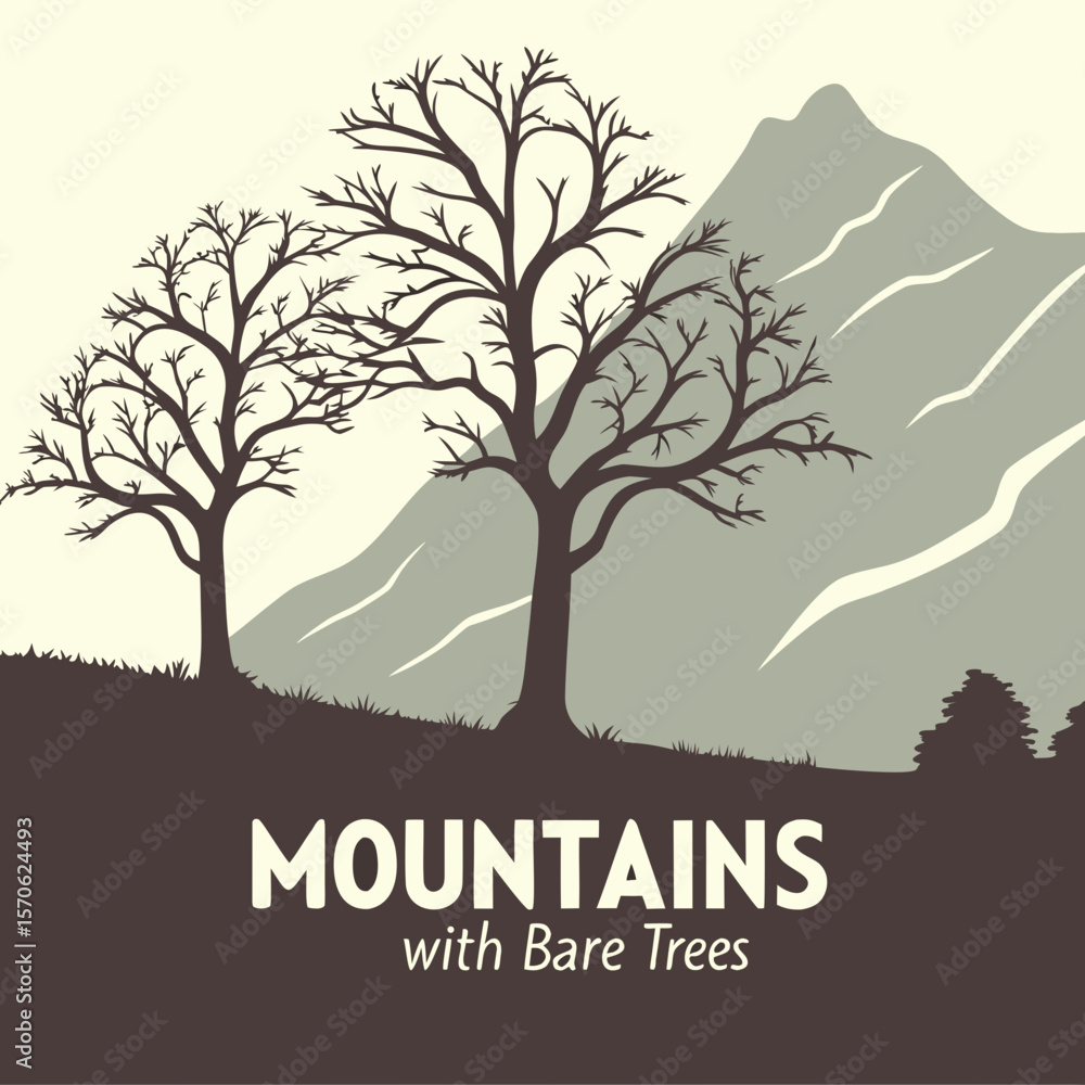 Fototapeta premium Monochromatic Mountain Landscape with Bare Trees Silhouette in a Minimalist Style