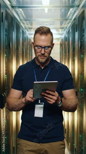 IT technician working with tablet in data center server room vertical size