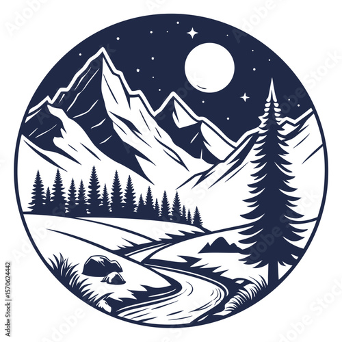 Monochrome Mountain Landscape with Moon Stars Trees and Winding Path