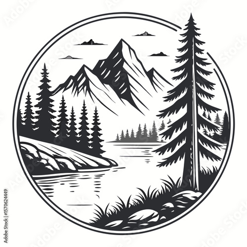 Monochrome Mountain Landscape with Lake and Trees in a Circular Frame