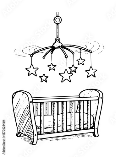 baby crib with hanging mobile stars line art
