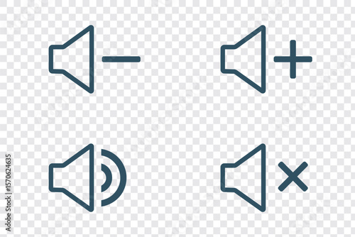 Volume icon set. Speaker line icon set. Volume icon vector. Loudspeaker icon vector. Mute and unmute volume sound. Audio speaker volume on line art icon for apps and websites. Editable stock vector.