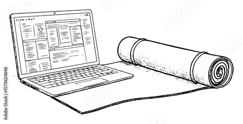 laptop with yoga mat work life balance vector sketch illustration