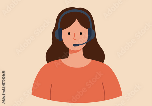 A friendly female customer service representative wearing a headset, providing assistance and support, shown in a simple and minimalist vector illustration style.
