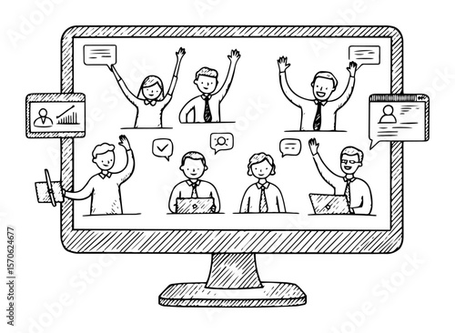 online video conference on monitor vector sketch illustration