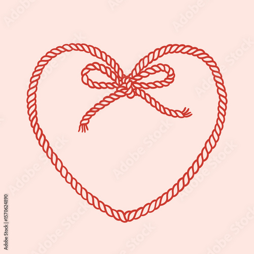 Heart frame of rope and corde bows with knot tied. Trendy border template. Decoration for birthday, wedding, holiday, party. Vintage background for greeting cards, invitations