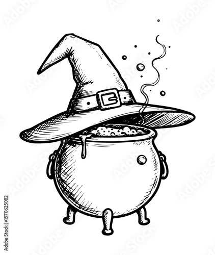 witch cauldron with hat and magic potion sketch