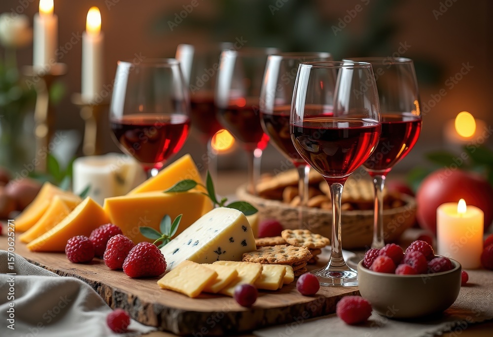 Naklejka premium elegant wine glasses arrangement gourmet cheese display exquisite pairing entertaining experience tantalizing appetizers, set, elegance, table, platter