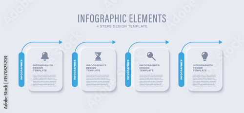 Infographics in neumorphism style. Four steps infographic layout with business icons and text