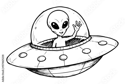 alien waving from ufo spaceship line art
