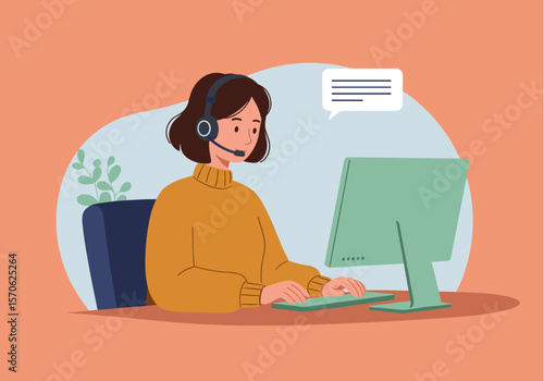 A customer service representative wearing a headset, working at a computer, and communicating with a client in a modern, minimalist office setting.