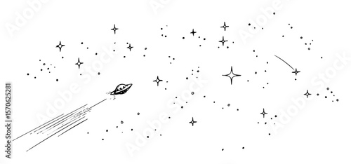 ufo spaceship streaking through starry space vector sketch illustration