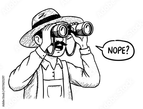farm man with binoculars saying nope line art