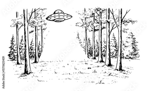 ufo floating above forest clearing vector sketch illustration