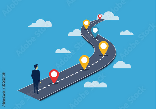 A businessman looks at a winding road with location markers, symbolizing business strategy, planning, and the path to success in a bright, illustrative style.