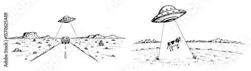 ufo abduction scenes with car and cow vector sketch illustration