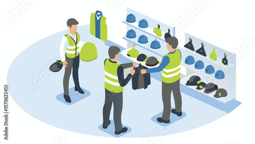 Isometric view of workers in a safety equipment store selecting vests and hard hats from shelves