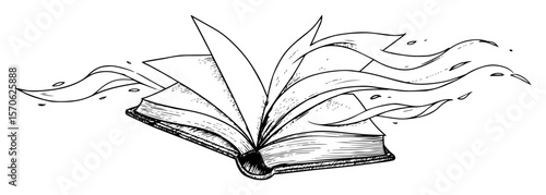 open magic book with flowing pages sketch