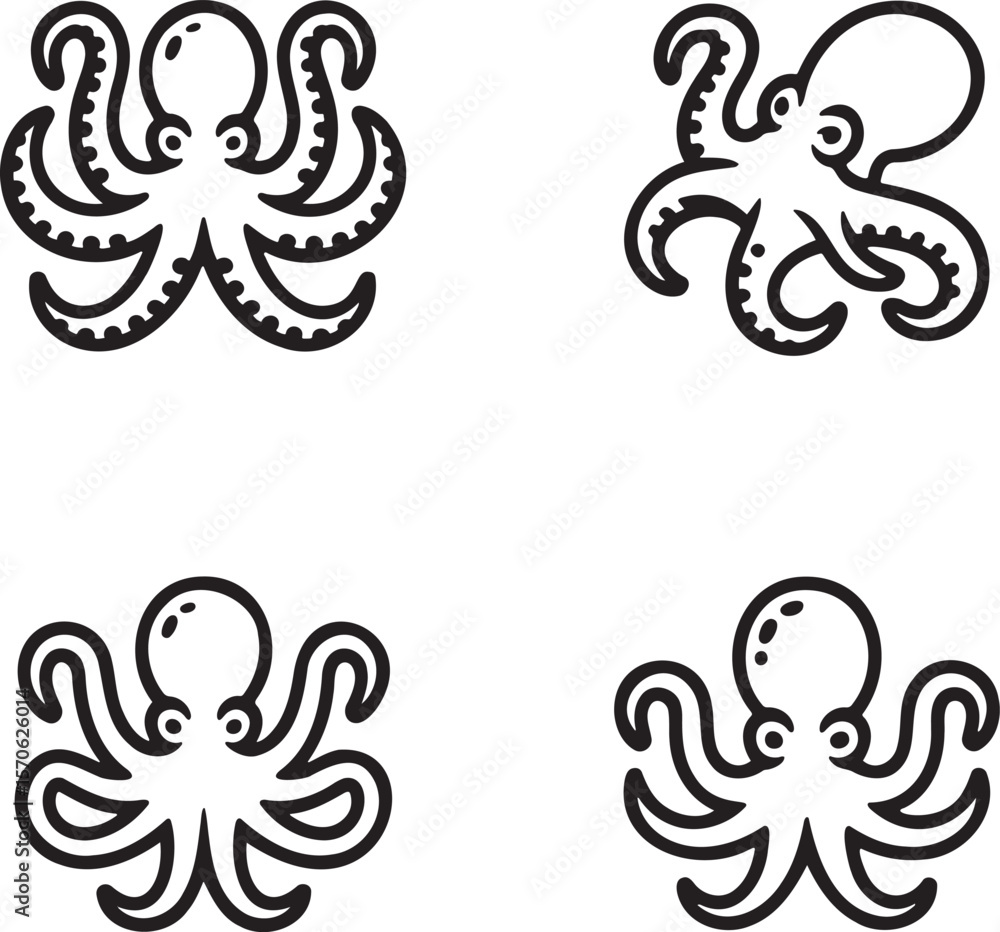 Set of Octopus Outline vector illustration isolated On Transparent Background Set of Octopus Outline vector illustration isolated On Transparent Background