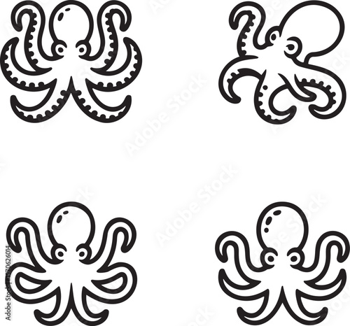 Set of Octopus Outline vector illustration isolated On Transparent Background